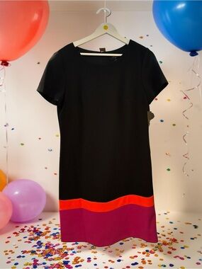 Tahari ASL Black Shift Dress with Pink and Orange Hem